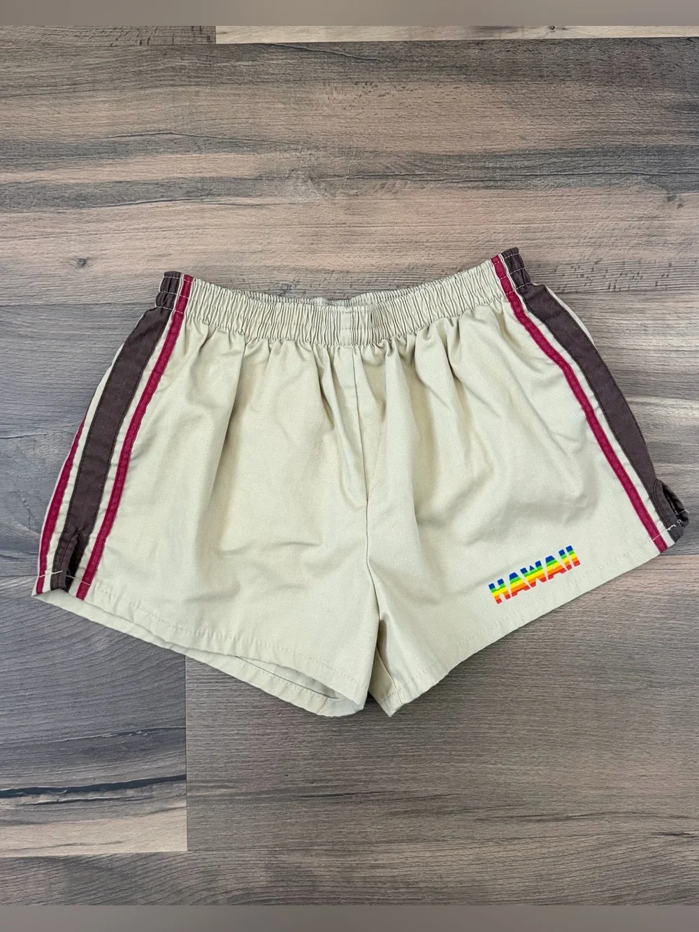 Vintage 70's Retro Hawaii Swim Trunks - Khaki w/brown/Maroon Side - Sz. M 32-34